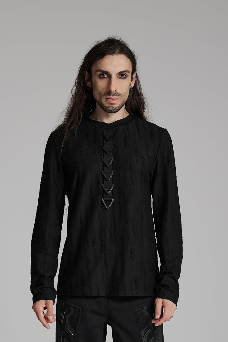 Black Round Collar Long Sleeves Triangle Buckle Punk T-shirt