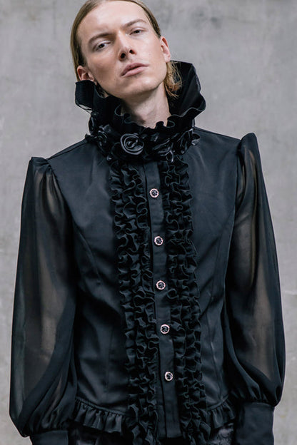 Black High Collar Lace Up Dovetail Hem Gothic Blouse