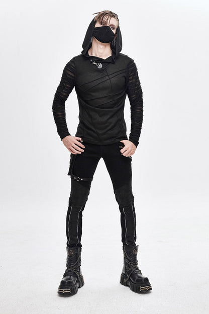 Black Collar Metal Button Irregular Striped Patchwork Bandage Hooded Punk T-shirt