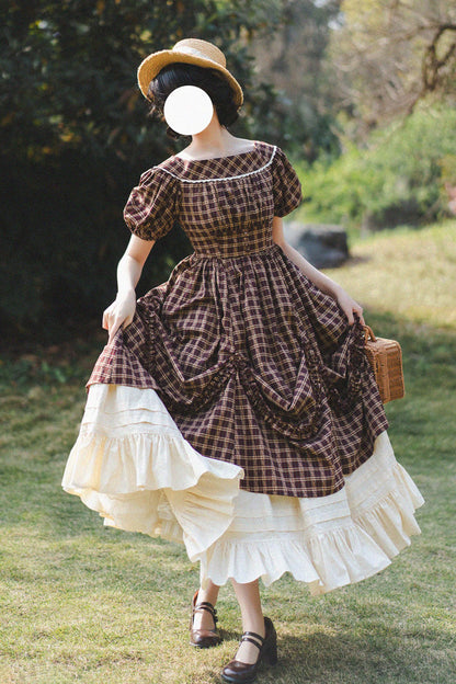 Dark Red [forest Picnic] Boat Neck Short Sleeves Printed Lift-hem Ruffled Classic Lolita Dress