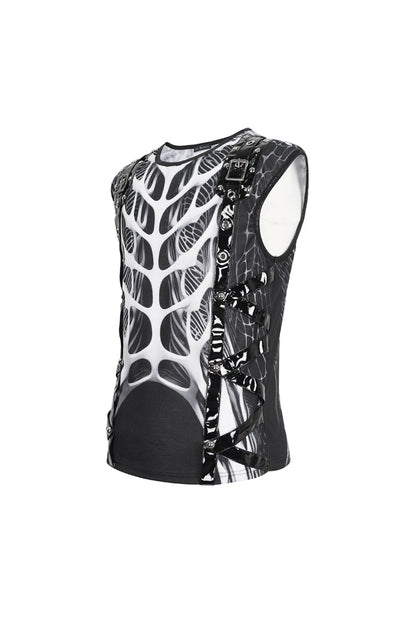 Black/white Round Collar Print Hollow Punk Vest