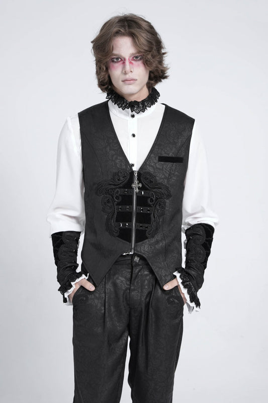 Black Sleeveless Embroidery Stitching Velvet Gothic Vest