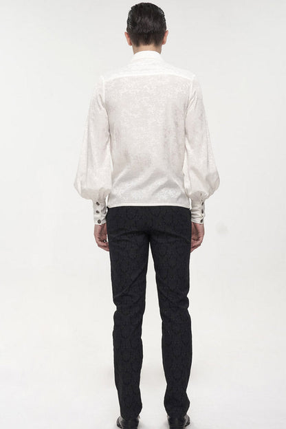 White Gothic Metal Pattern Buckle Long Sleeve Pleated Lace Lantern Shape Printing Pattern Shirt