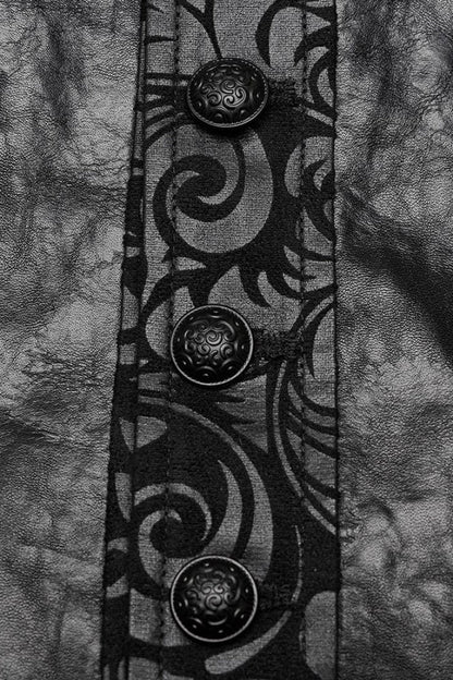 Black V Collar Sleeveless Exquisitely Carved Print Faux Leather Gothic Vest