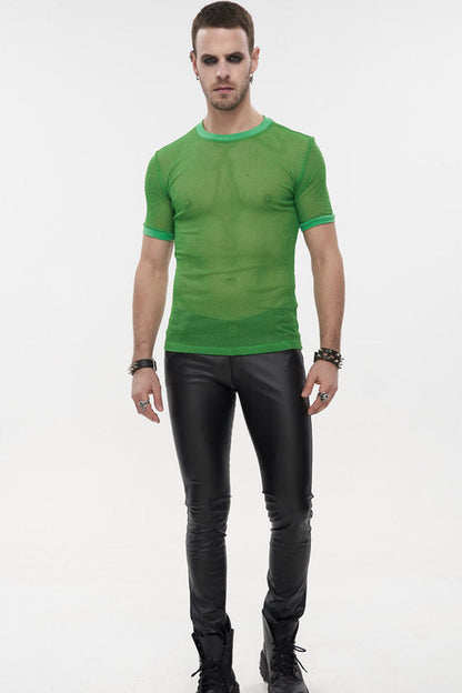 Green Gothic Crew Neck Diamond-shaped Net Hyperelastic Short Sleeve T-shirt