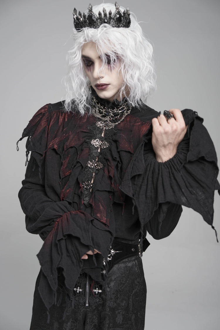 Black/red Stand Collar Long Sleeves Ruffled Gothic Plunging Shirt