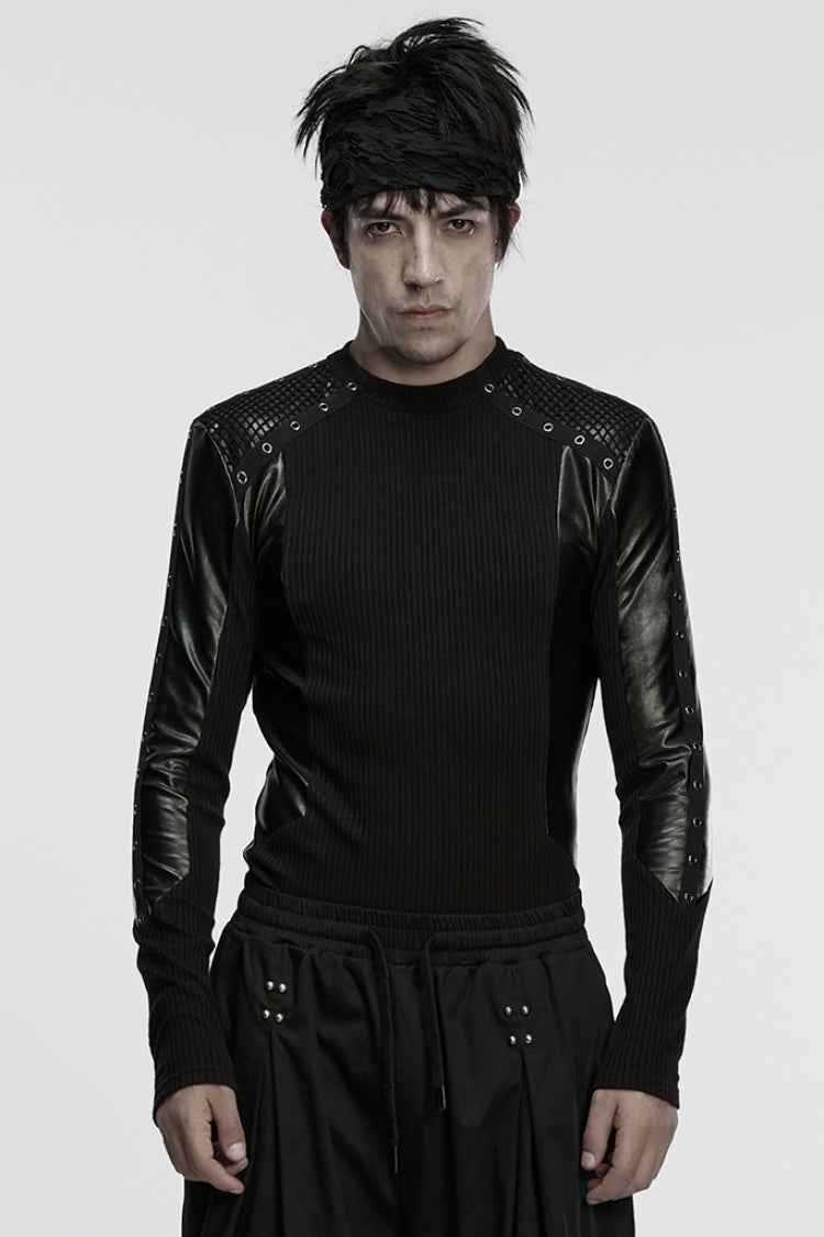 Black Round Collar Long Sleeves Spliced Eyelet Punk T-shirt