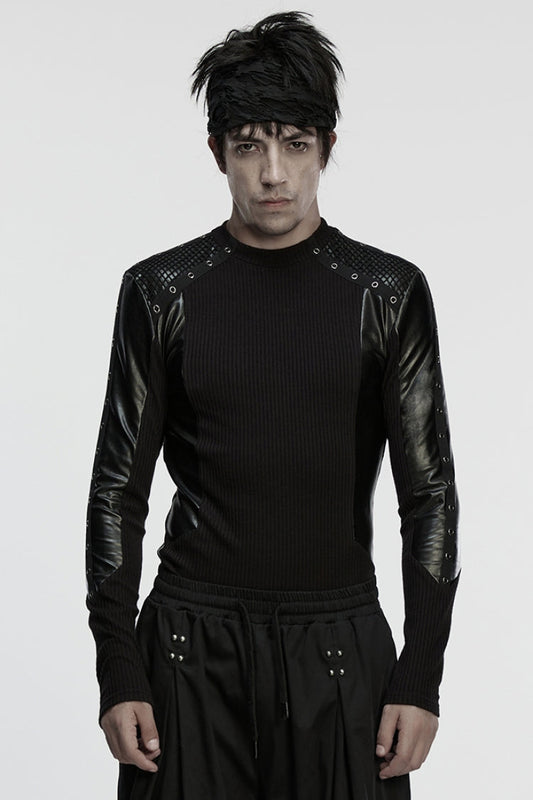 Black Round Collar Long Sleeves Spliced Eyelet Punk T-shirt