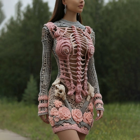 Women's Halloween Skeleton Bones With Rose Art Cozy Knit Mini Sweater Dress elevenforest