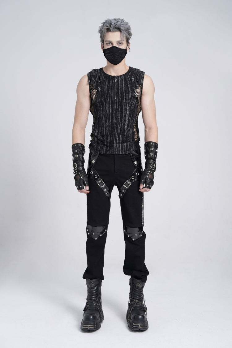 Black Sleeveless Ribbed Print Stitching Mesh Zipper Gothic Vest