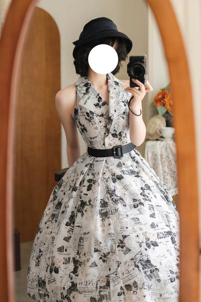 [afternoon Forest] French Audrey Hepburn Style V Collar Sleeveless Printed Classic Lolita Dress 3 Colors