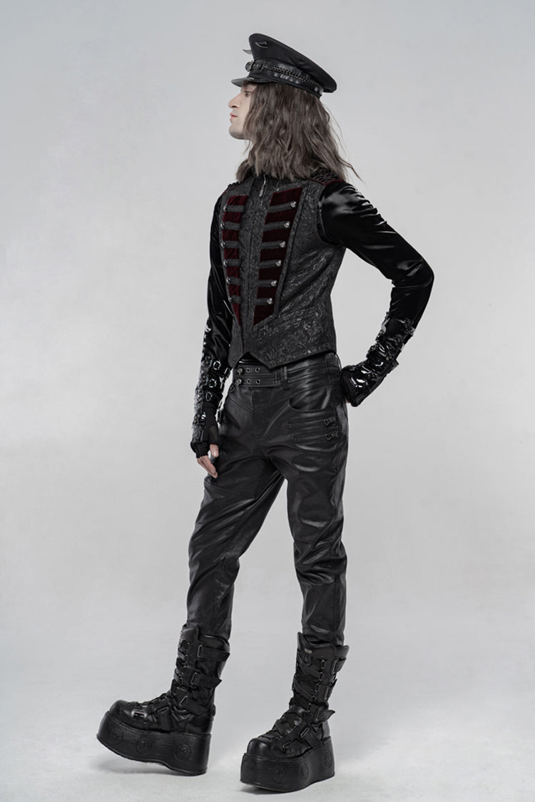 Black Jacquard Velvet Splice Weft Stand Up Collar Front Chest Breasted Decoration Gothic Vest