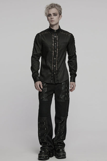 Black Lapel Collar Long Sleeves Stitching Pin Mesh Punk Blouse