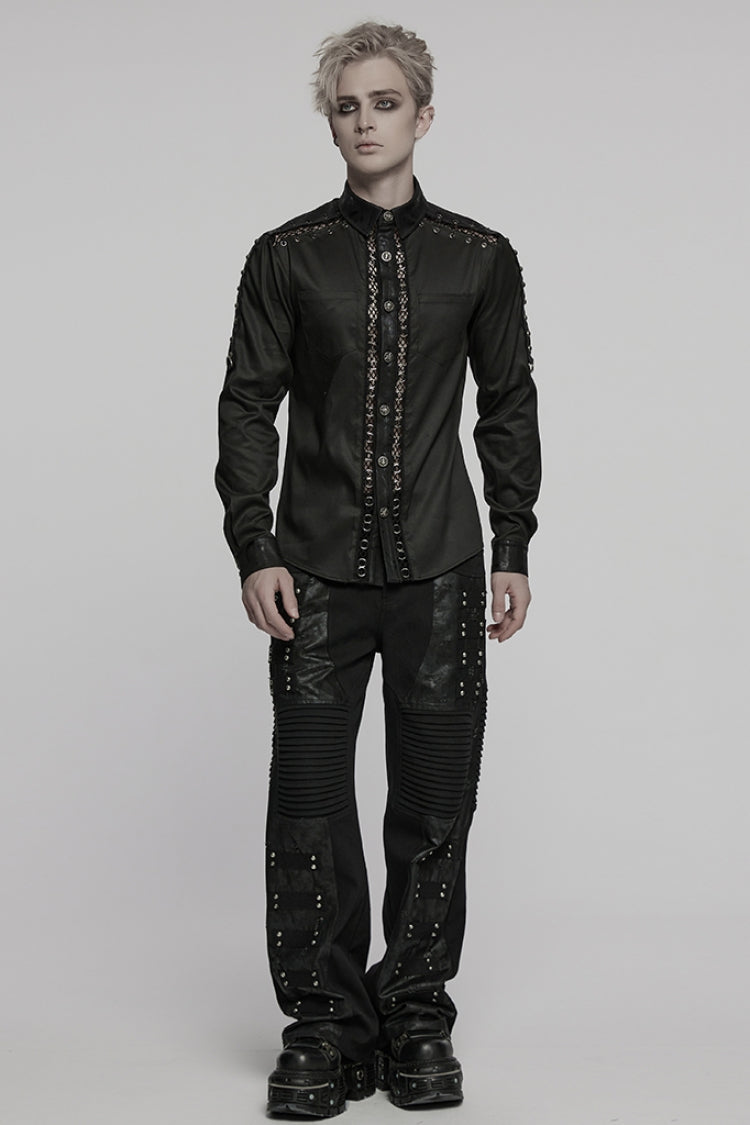 Black Lapel Collar Long Sleeves Stitching Pin Mesh Punk Blouse
