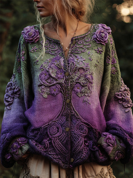 Purple Floral Tree Of Life Crochet Embroidered Gradient Cozy Cardigan elevenforest