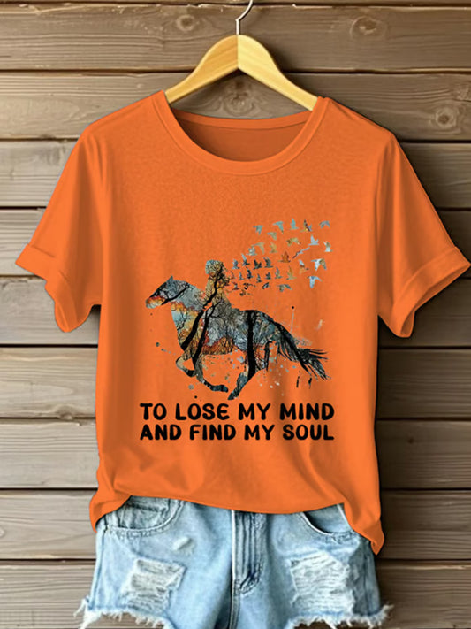 Women's And In The Saddle I Go To Lose My Mind Print Cat Short Sleeve T-shirt elevenforest