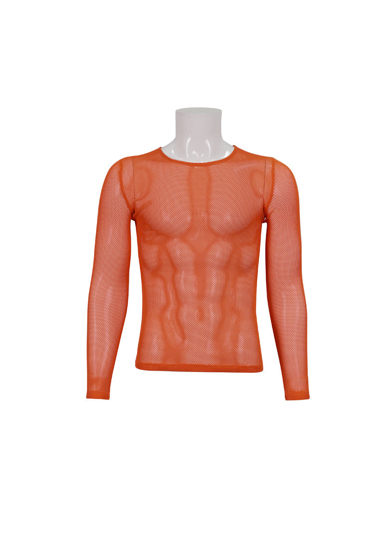 Orange Elasticity High Neck Long Sleeve Mesh Gothic T-shirt