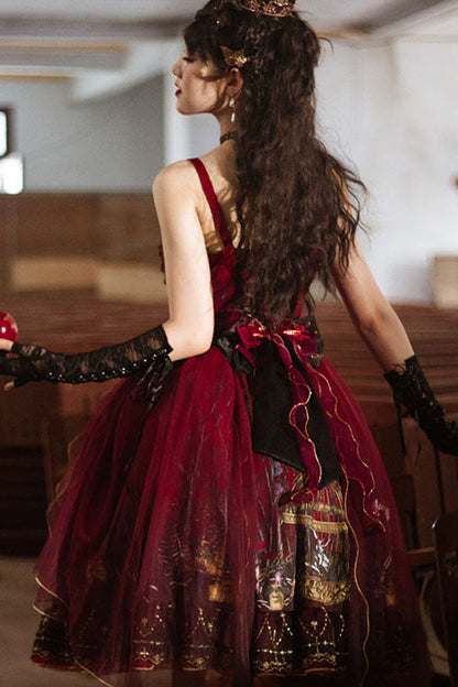 Red Decaying Forest Round Collar Bowknot Ruffled Classic Lolita Jsk Dress