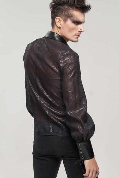 Black Punk Vertical Pattern Printing Cuff Drawstring Decoration See-through Shirt