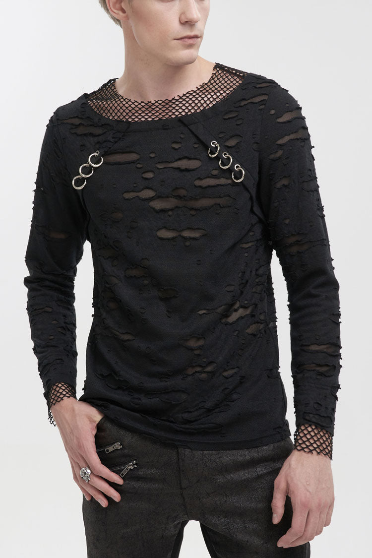 Black Diamond Mesh Irregular Hole Long-sleeved Punk T-shirt