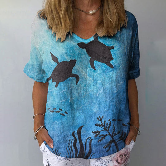 Comstylish Women's Underwater World Sea Turtle Print Linen Blend T-shirt