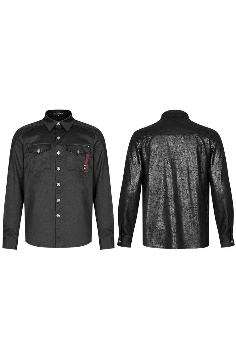 Black Punk Ribbon Decoration Front Metal Skull Button Spliced Shirt