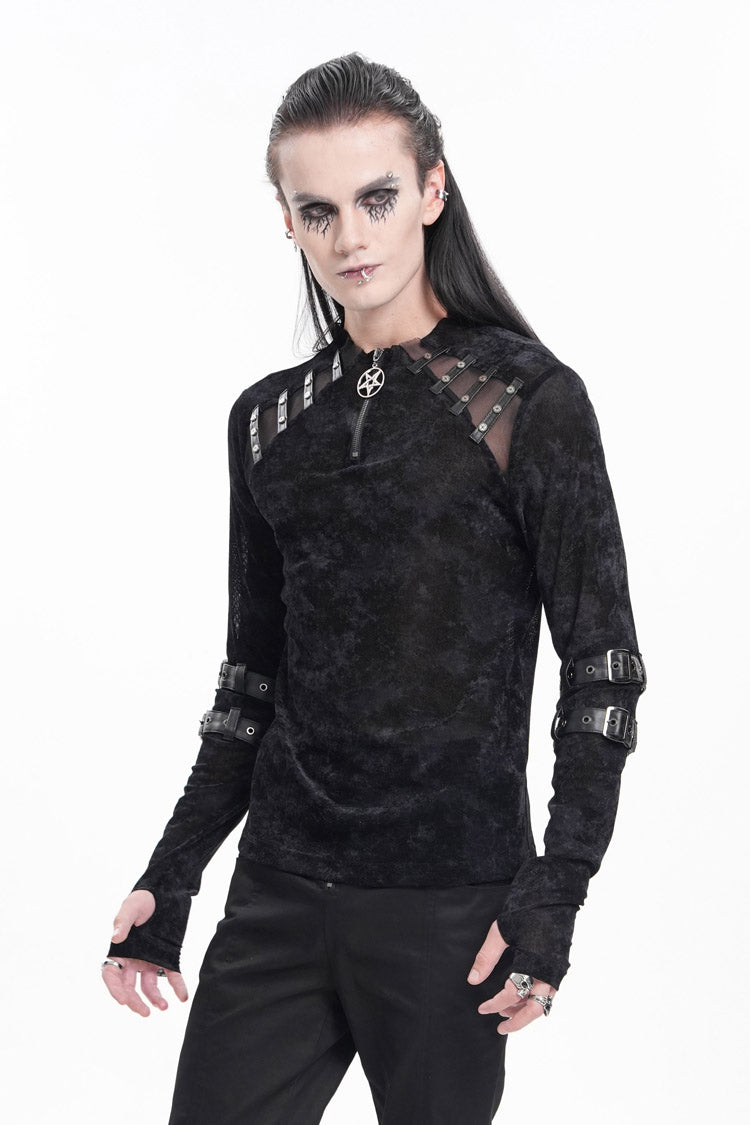 Black Round Collar Long Sleeves Buckle Star Studs Gothic T-shirt