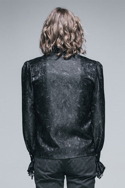 Black Shining Rose Print Lace Cuff Gothic Blouse