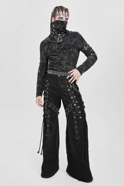 Black Long Sleeves Cutout Rivets Chain Punk Blouse