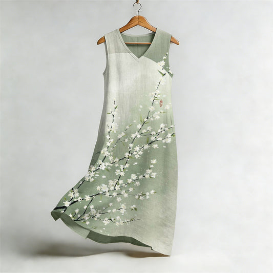 Comstylish Vintage Pear Flower Art Flowy Linen Midi Dress