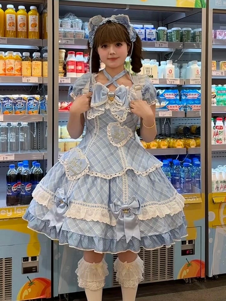[pre-order Deadline: May 10] Blue/yellow/pink Sweetheart Lolita Ribbon Puff Sleeve Tiered Dress + Bunny Ear Full Set + Cat Ear Full Set
