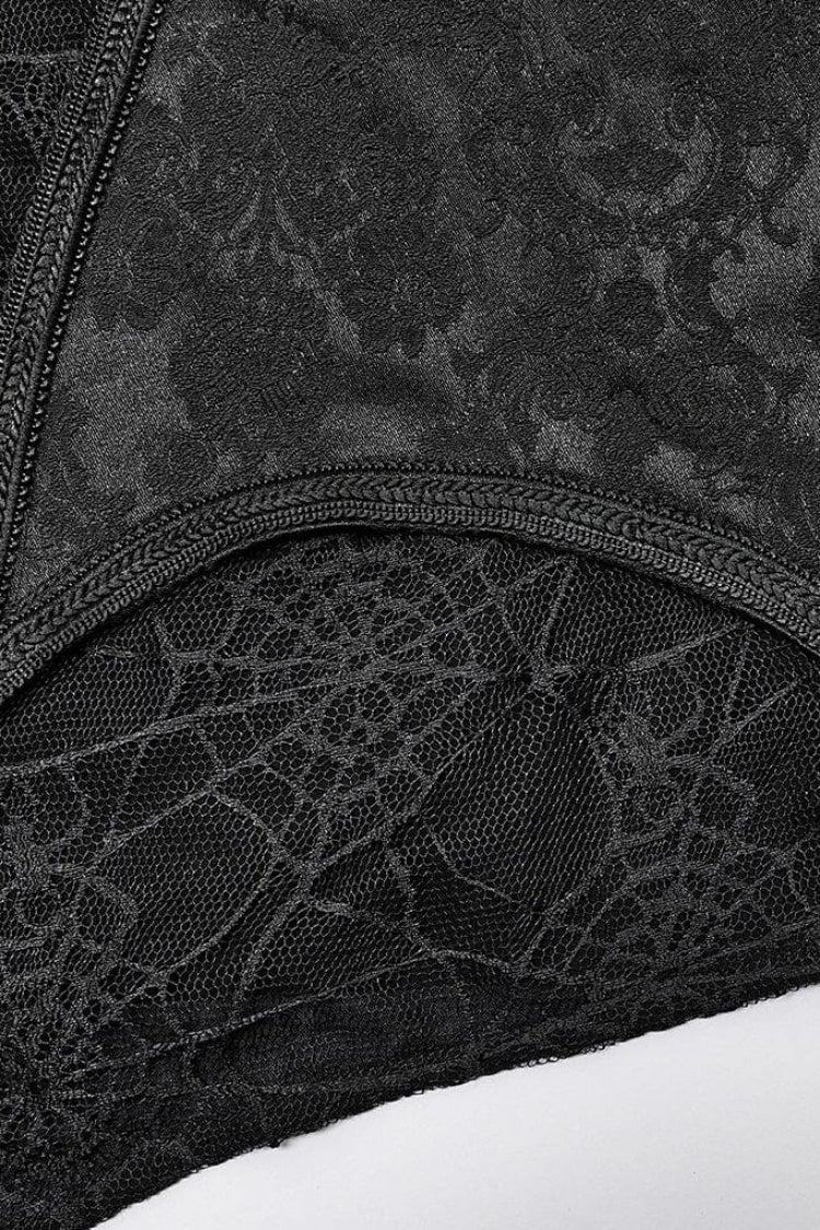 Black Stand Collar Long Puff Sleeves Jacquard Print Lace Gothic Blouse