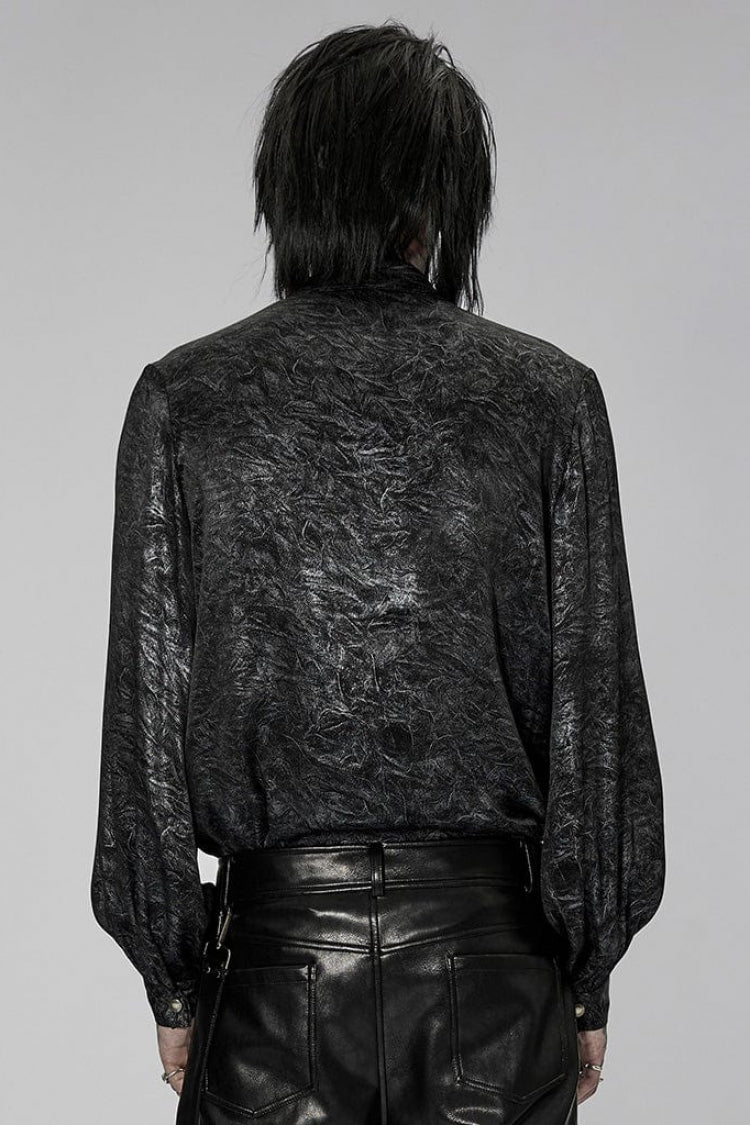 Black/silver Stand Collar Long Puff Sleeves Print Lace-up Metal Decoration Gothic Blouse