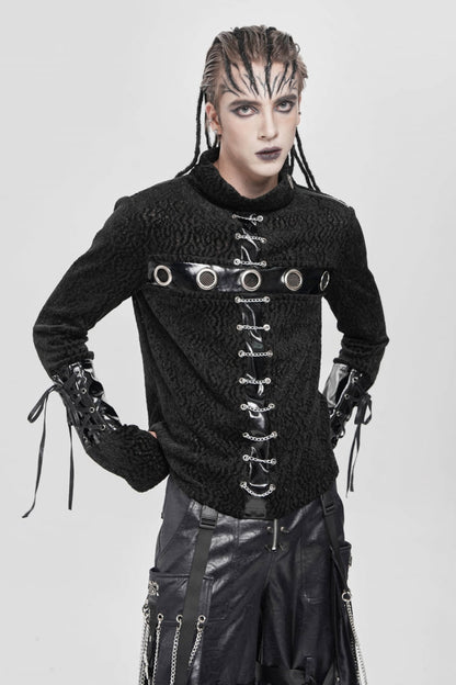 Black Stand Collar Long Sleeves Faux Leather Stitching Chain Eyelet Punk Blouse