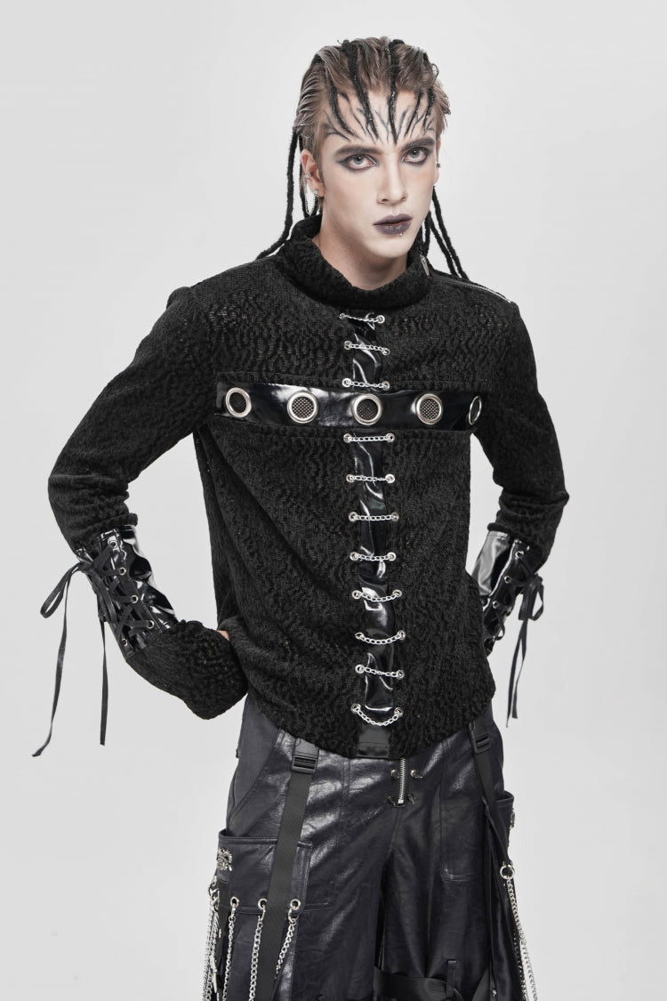 Black Stand Collar Long Sleeves Faux Leather Stitching Chain Eyelet Punk Blouse