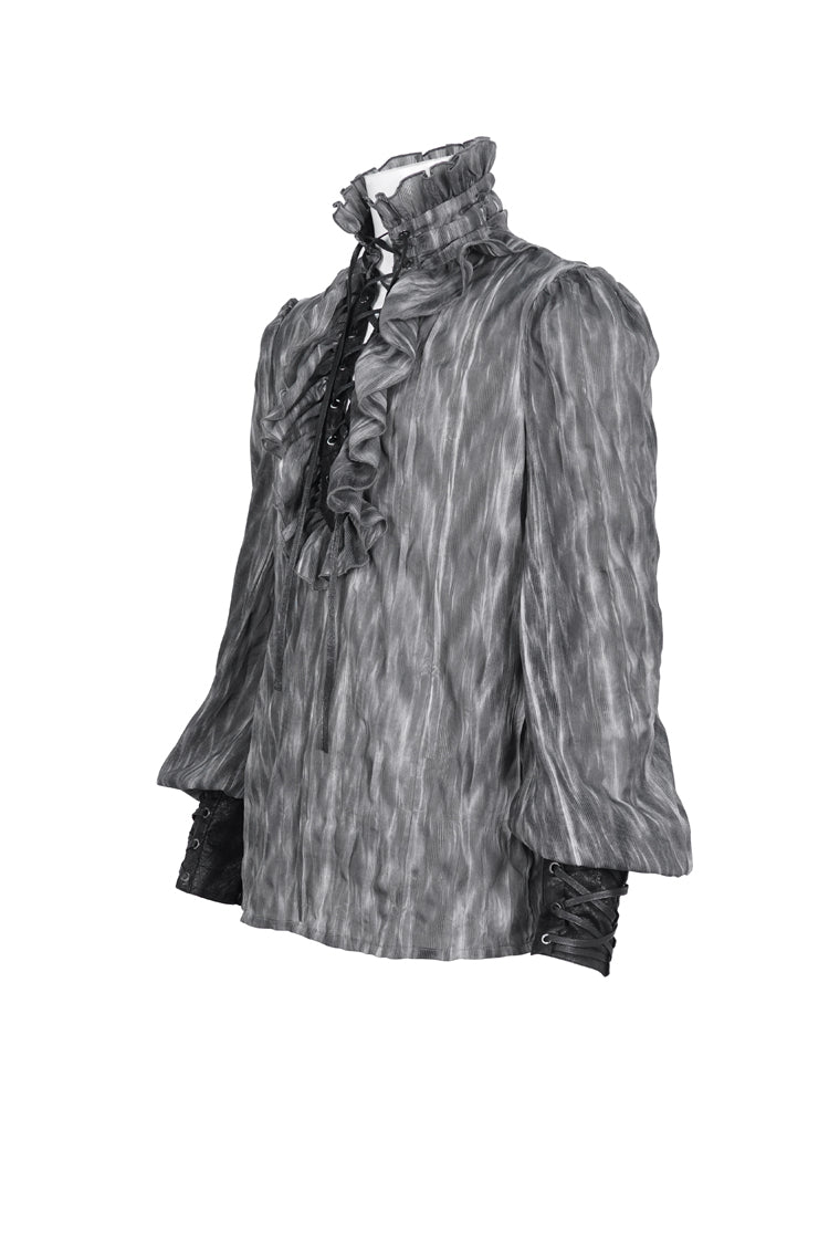 Black/grey Ruffle Stand Collar Print Lace-up Gothic Blouse