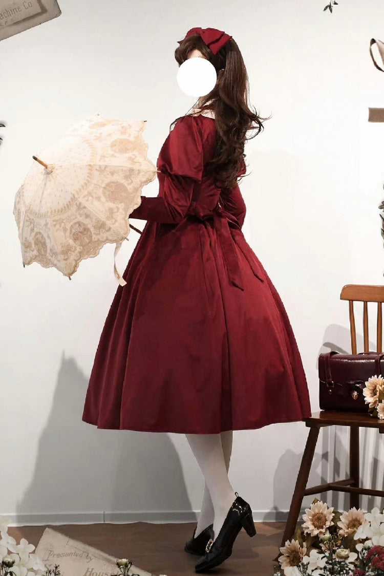 Wine Red [new Year] Stand Collar Long Sleeves Ruffled Bow Classic Lolita Dress