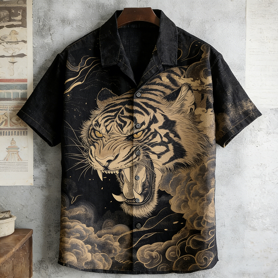 Japanese Art Vintage Tiger Pattern Men's Short Sleeve Shirt elevenforest