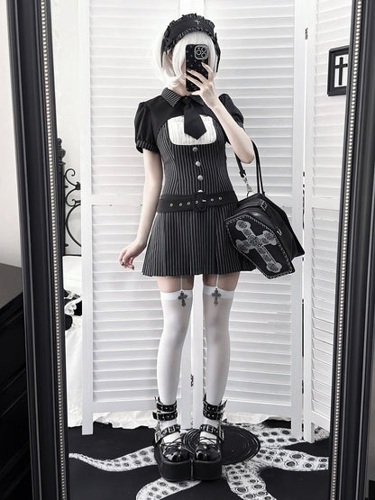 [pre-order Deadline: April 28] Black Pinstripe Tie Collar Short Jacket Dress Full Set + Jewel Casquette