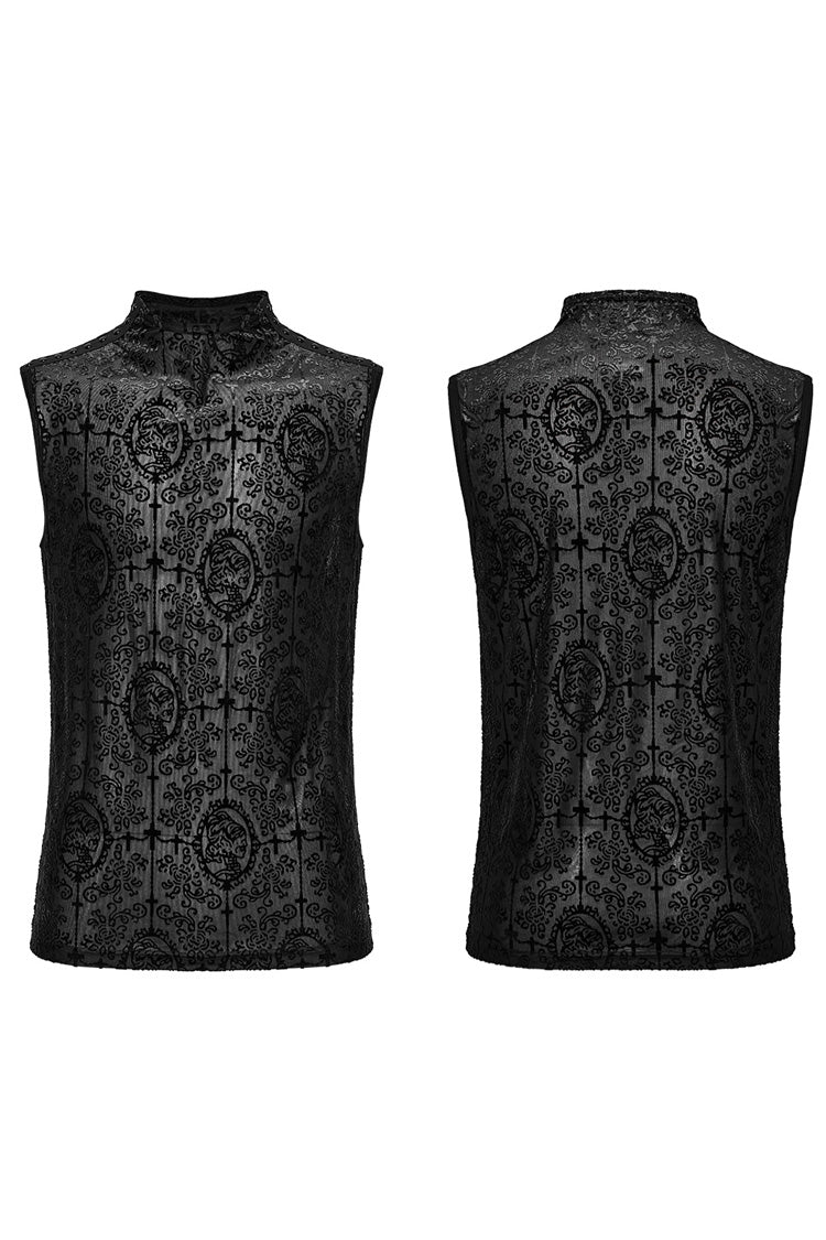 Black Sleeveless Beaded Cross Flocking Print Gothic Tank Top