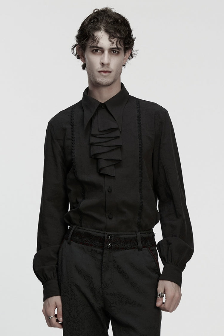 Black Lapel Collar Long Puff Sleeves Gothic Blouse With Detachable Necktie White