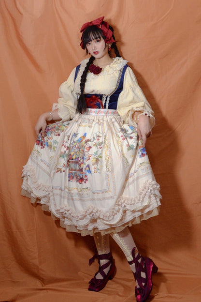 Ivory [ode to Plenty] Berries and Birds Print Ruffle Bowknot Velvet Classic Lolita Breast Support Jsk Dress