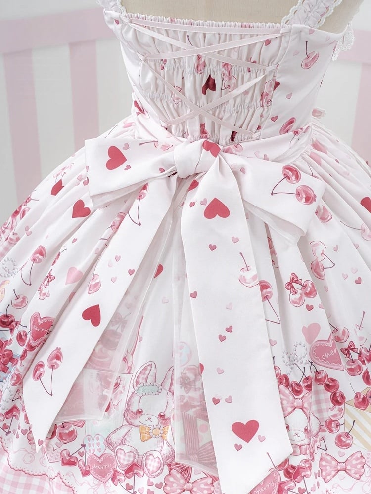 [pre-order Deadline: May 5] Pink Cherry Print Lace Ribbon Bunny Ear Apron Jsk Dress + Accessories