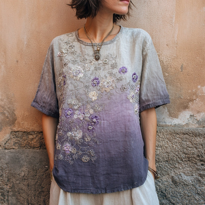 Vintage Purple Floral Embroidered Gradient Linen Shirt elevenforest