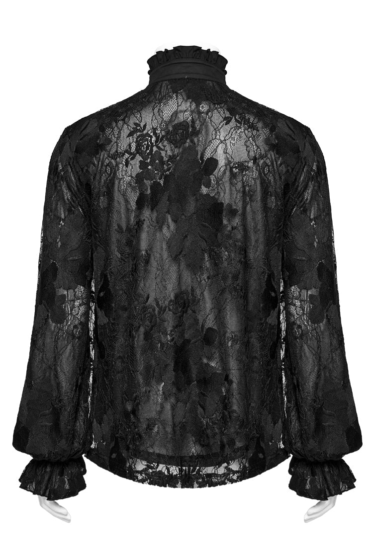 Black Stand Collar Lantern Sleeves Print Ruffle Lace Gothic Blouse