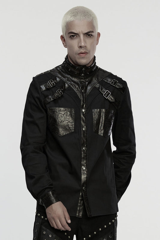 Black Stand Collar Long Sleeves Rivet Buckle Straps Eyelet Punk Blouse
