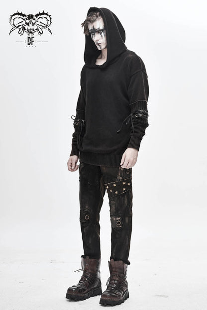 Brown Worn-out Long Sleeve Elbow Leather Strip Lace-up Hooded Coarse Knit Punk Sweater