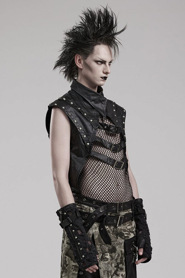 Black Faux Leather Stitching Mesh Sheer Metal Rivets Steampunk Vest