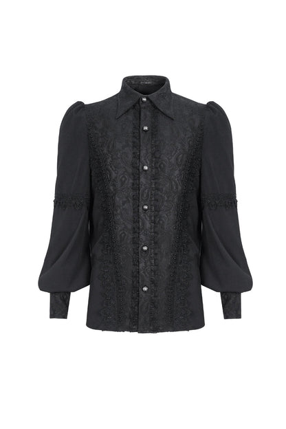 Black Lapel Collar Lantern Sleeves Jacquard Embroidery Gothic Blouse