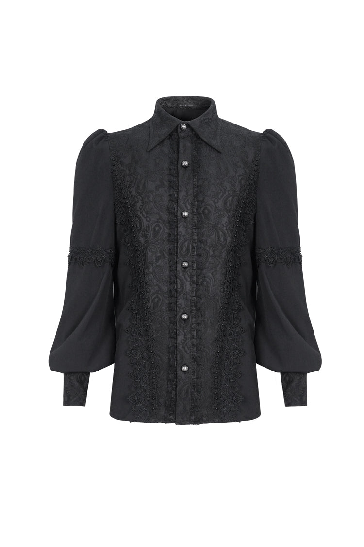 Black Lapel Collar Lantern Sleeves Jacquard Embroidery Gothic Blouse